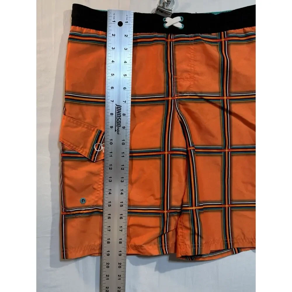OP Orange Plaid Board Shorts Youth L/G 10-12 Swim Trunks Surf Beach Pockets